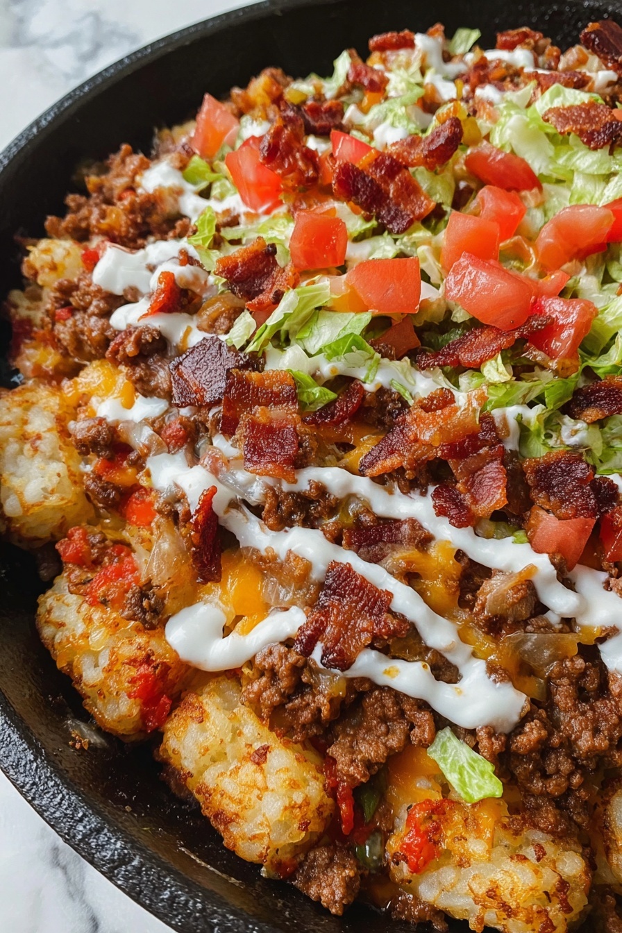 The dish is shown in a black skillet with several layers visible. The bottom layer is a mix of white and light yellow mashed potatoes or cauliflower, soft and slightly textured. Above this is a thick layer of cooked ground meat mixed with small pieces of yellow and red bell peppers and onions, giving a mix of brown, orange, and translucent colors. On top of the meat layer are small bright green pieces of lettuce, scattered tomato sauce in red, crispy dark brown bacon bits, and a drizzle of white sour cream or sauce that creates thin lines across the top. The skillet sits on a white marbled surface. Photo taken with an iphone --ar 2:3 --v 7