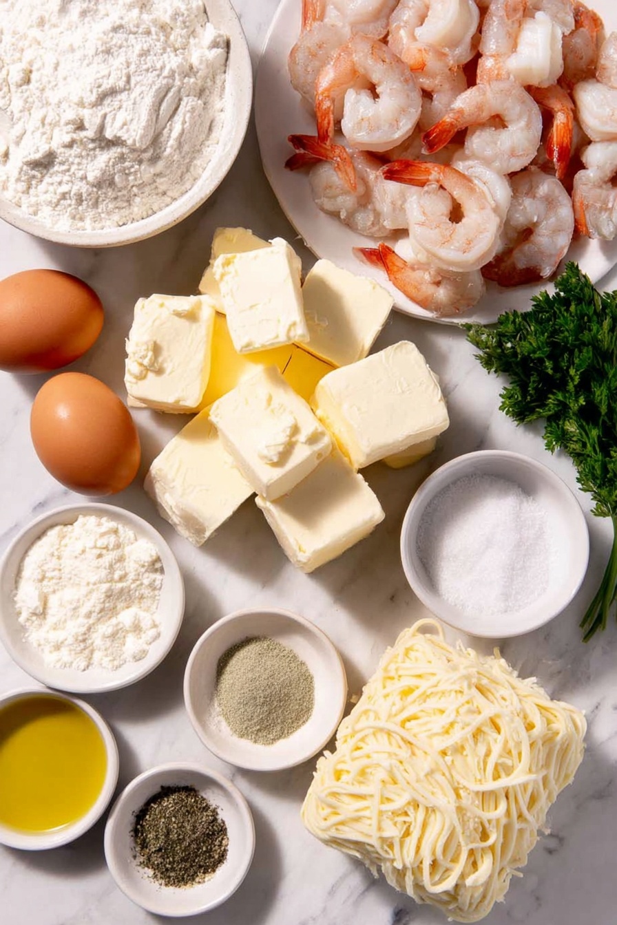 Flat lay of a small pile of unsalted butter cubes, a small white bowl of all-purpose flour, a small white bowl of heavy cream, a small white bowl of clam juice, a small white bowl of garlic powder, a small white bowl of onion powder, a small white bowl of ground nutmeg, a small white bowl of Italian seasoning, a small white bowl of grated parmesan cheese, two whole brown eggs with clean shells, a small white bowl of kosher salt, a small white bowl of black pepper, a small white bowl of olive oil, one medium onion halved to show its layers, a small cluster of peeled and deveined shrimp without tails, a small heap of lump crab meat, a few sprigs of fresh chopped parsley, several oven-ready flat lasagna noodles neatly stacked, and a small pile of shredded mozzarella cheese placed on a clean white marble surface, soft natural light, photo taken with an iPhone, professional food photography style, fresh ingredients, white ceramic bowls, no bottles, no duplicates, no utensils, no packaging --ar 2:3 --v 7 --p m7354615311229779997