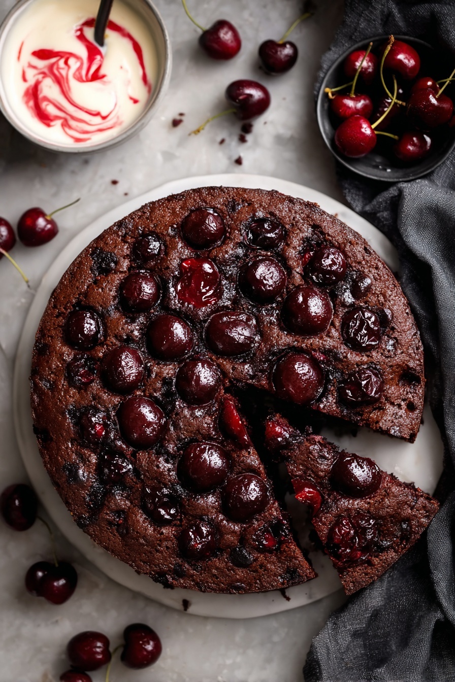 A round dark brown cherry cake with a textured surface, studded evenly with shiny black cherries all over the top, one slice missing showing the moist crumb inside; the cake is on a white plate placed on a white marbled texture, surrounded by scattered fresh cherries and a small white bowl filled with creamy white and red swirled sauce nearby, a dark cloth partly visible in the background. Photo taken with an iphone --ar 2:3 --v 7