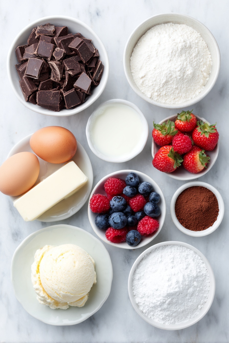 Flat lay of finely chopped dark chocolate in a small white ceramic bowl, a small white bowl with heavy cream, unsalted butter in a small white bowl, three whole large brown eggs with clean shells, a small white bowl of granulated sugar, a small white bowl of all purpose flour, a small white bowl with espresso powder, a pinch of kosher salt on a white ceramic dish, a small white bowl of powdered sugar, a scoop of vanilla ice cream on a simple white ceramic plate, and an assortment of fresh berries including strawberries, blueberries, and raspberries arranged symmetrically, all placed on a clean white marble surface, soft natural light, photo taken with an iPhone, professional food photography style, fresh ingredients, white ceramic bowls, no bottles, no duplicates, no utensils, no packaging --ar 2:3 --v 7 --p m7354615311229779997