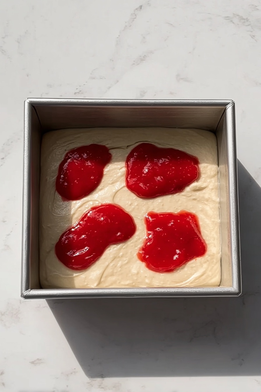 The image shows several square pieces of a light yellow cake with a soft texture, arranged on a white marbled surface. Each piece is topped with a thick layer of creamy white frosting swirled with red strawberry sauce, creating a marbled effect. Fresh sliced strawberries with a bright red color are scattered on top of the frosting, adding a fresh, juicy look. Crumbs and small pieces of the cake are scattered around, and a few dried purple petals are placed on the frosting for decoration. A white flower and a knife with some crumbs on it sit nearby. The photo taken with an iphone --ar 2:3 --v 7