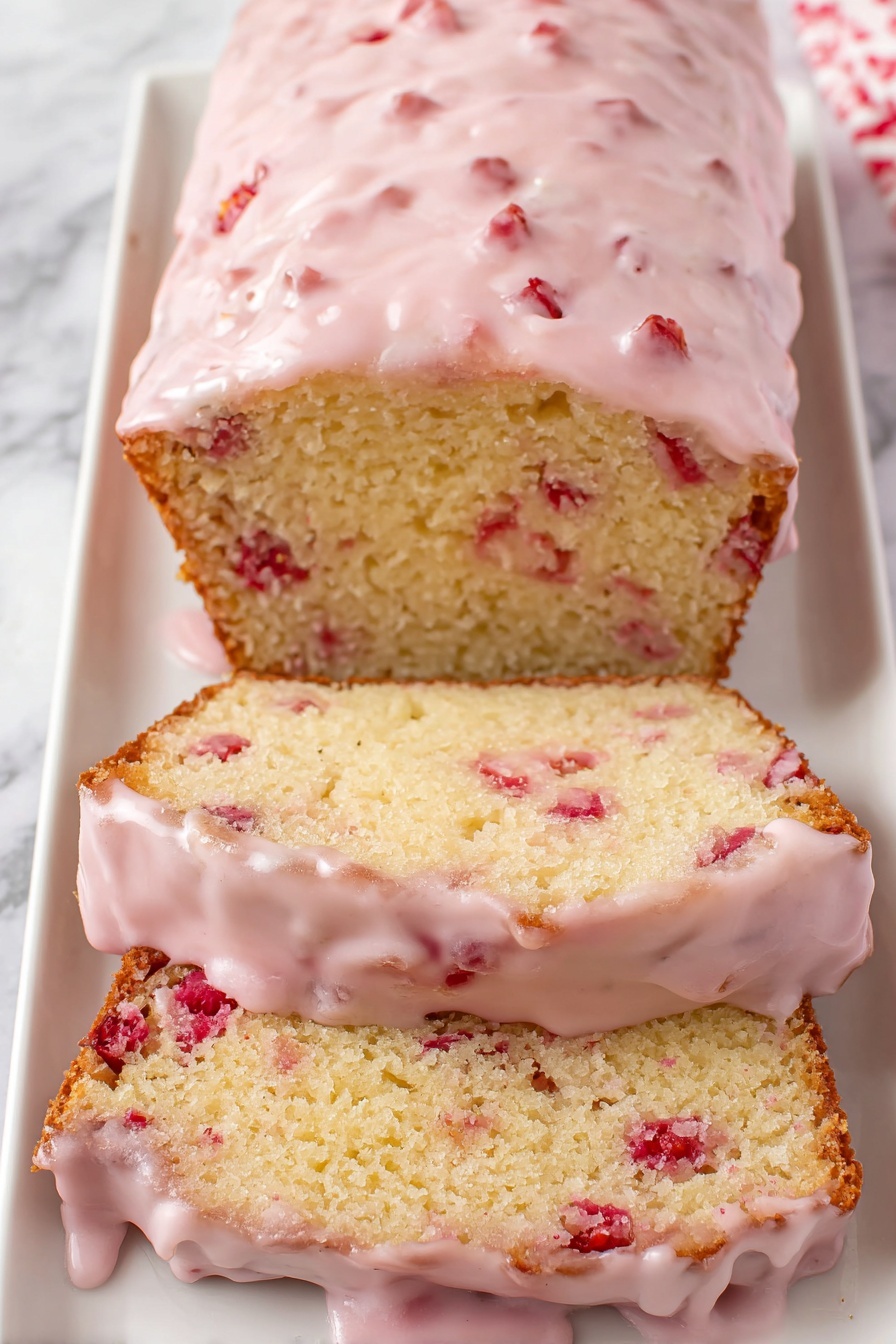 The image shows a loaf of cake on a white rectangular plate, placed on a white marbled surface. The cake has two slices cut and laid flat in front, showing a soft, moist light yellow inside dotted with small pieces of red fruit. The top of the cake is covered with a thick, pale pink icing that has bits of red fruit mixed in, dripping slightly over the sides. Photo taken with an iphone --ar 2:3 --v 7