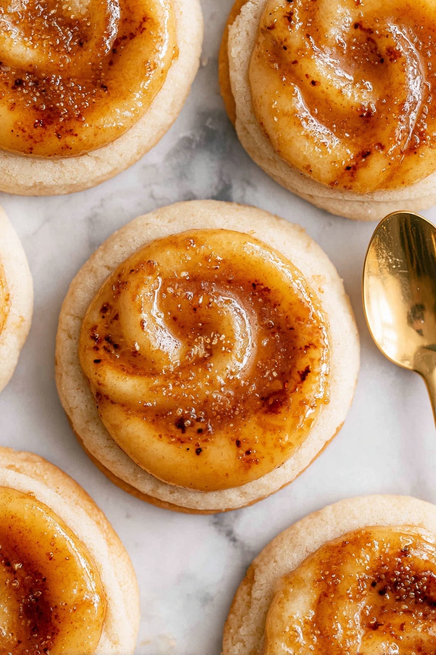This image shows several round cookies arranged closely on a white marbled surface. Each cookie has two layers: the bottom layer is a pale beige, smooth cookie base, while the top layer features a glossy, caramel-colored swirl with a slightly sticky texture and specks of cinnamon or spice throughout. The caramel layer looks thick and glistening, almost like a soft candy topping. A shiny golden spoon lies beside one of the cookies, adding a warm metallic contrast to the soft, sweet treats. The lighting highlights the gloss and texture of the caramel tops clearly, making them look fresh and delicious. Photo taken with an iphone --ar 2:3 --v 7