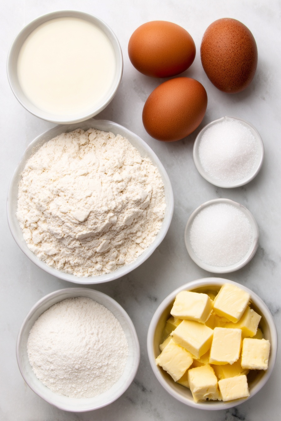 Flat lay of two whole brown eggs with clean shells, a small white ceramic bowl filled with whole milk, a small white ceramic bowl containing granulated white sugar, a few small cubes of unsalted butter, a small white ceramic bowl with cornstarch powder, a small white ceramic bowl of vanilla bean paste, a small white ceramic bowl holding baking powder, a small white ceramic bowl with salt, a small white ceramic bowl of all-purpose flour spooned and leveled, and a small white ceramic bowl with extra granulated white sugar for rolling and topping, all arranged with perfect symmetry on a clean white marble surface, soft natural light, photo taken with an iPhone, professional food photography style, fresh ingredients, white ceramic bowls, no bottles, no duplicates, no utensils, no packaging --ar 2:3 --v 7 --p m7354615311229779997