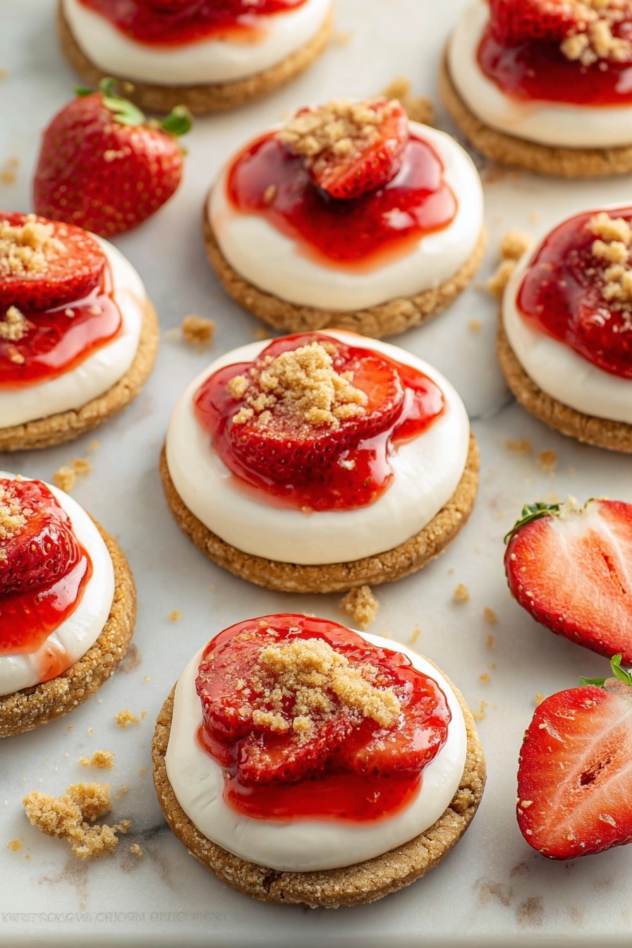 The image shows six round cookies on a white marbled surface, each cookie topped with three main layers: a base cookie layer that is light brown and textured, a middle layer of smooth off-white cream spread evenly in a circular shape, and a top layer consisting of bright red strawberry sauce with whole strawberries in the center, lightly sprinkled with small crumbles of light brown cookie crumbs. Two whole strawberries, one whole and one sliced in half, are placed next to the cookies on the surface. The photo taken with an iphone --ar 2:3 --v 7