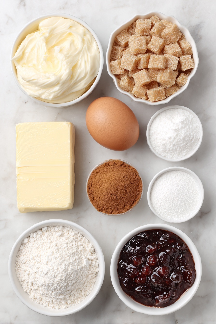 Flat lay of a small stick of salted butter with a slightly softened texture, a neat pile of light brown sugar crystals, one large whole brown egg with a smooth clean shell, a few fresh vanilla beans arranged simply, fine golden graham cracker crumbs in a small white ceramic bowl, a small mound of fine all-purpose flour, a pinch of coarse salt crystals beside a small heap of pale cinnamon powder, a small white ceramic bowl filled with smooth cream cheese, another small white ceramic bowl with soft salted butter, a small white bowl heaped with powdered sugar, a small white bowl containing fine white cornstarch, and a small white bowl holding bright glossy strawberry pie filling with whole fresh strawberry pieces, all ingredients arranged in perfect symmetry and realistic proportions, placed on a clean white marble surface, soft natural light, photo taken with an iPhone, professional food photography style, fresh ingredients, white ceramic bowls, no bottles, no duplicates, no utensils, no packaging --ar 2:3 --v 7 --p m7354615311229779997