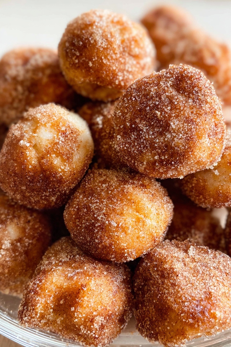 A close-up view of a pile of small, round dough balls with a golden brown color, each coated evenly with a layer of sugar and cinnamon. The dough balls have a rough texture, showing a slightly crispy outside with visible granules of sugar. They rest together in a clear bowl, placed on a white marbled surface, giving a warm and cozy feeling. The image captures the crunchy coating and soft inside of the dough balls in great detail, photo taken with an iphone --ar 2:3 --v 7
