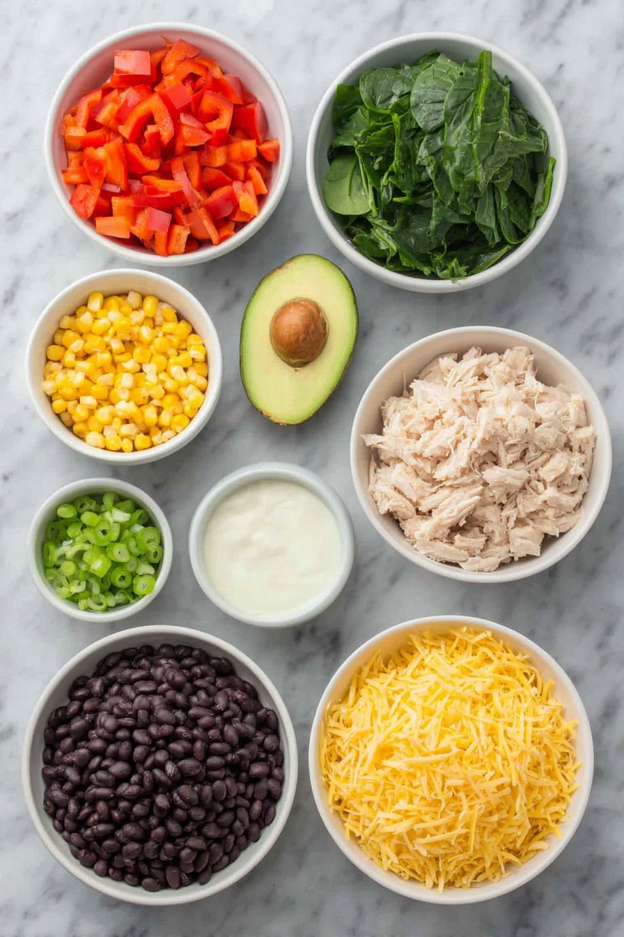 Flat lay of finely diced red bell pepper, a small pile of yellow corn kernels, a small heap of black beans, a few sliced green onions, a small mound of seeded and minced jalapeno pepper, a small portion of thawed spinach with excess water squeezed out, a heap of shredded Monterey Jack cheese, diced cooked chicken breast chunks, a small white bowl of ranch dressing, half a ripe avocado, fresh cilantro leaves scattered neatly, all arranged on simple white ceramic bowls and plates, perfect symmetry and realistic proportions, placed on a clean white marble surface, soft natural light, photo taken with an iPhone, professional food photography style, fresh ingredients, white ceramic bowls, no bottles, no duplicates, no utensils, no packaging --ar 2:3 --v 7 --p m7354615311229779997