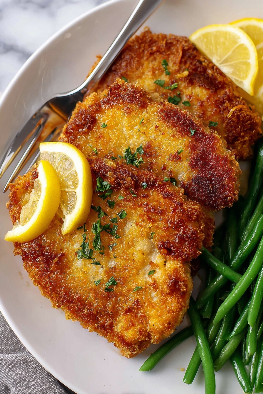 The image shows a white plate with three golden-brown fried chicken pieces stacked close to each other on the left side. The top piece is pierced by a black fork held by a woman's hand, revealing a crispy, textured crust with small herbs sprinkled on top. Underneath the fried chicken, there are two bright yellow lemon slices partly visible. On the right side of the plate, there is a pile of fresh, bright green cut green beans. The plate is placed on a white marbled surface. Photo taken with an iphone --ar 2:3 --v 7