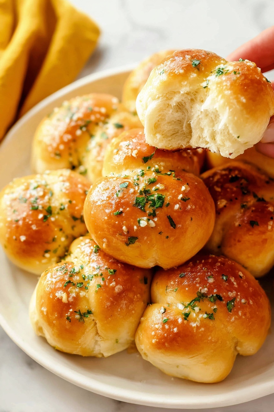 A close-up view of a white plate filled with golden brown garlic knots, each knot showing a shiny, slightly glossy surface topped with small bits of chopped green parsley and a sprinkling of coarse salt or grated cheese. One garlic knot is lifted above the plate, held by a woman's hand, revealing a soft and fluffy white inside with a light, airy texture. The knots appear soft and pillowy with a warm, inviting color contrast between the browned outside and the pale inside. The plate rests on a white marbled surface, with part of a yellow cloth visible in the corner. photo taken with an iphone --ar 2:3 --v 7