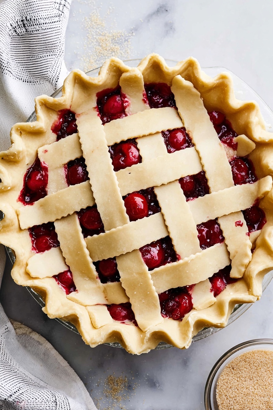 A slice of fruit pie is placed on a white plate with a thin blue rim, sitting on a white marbled surface with a blurry red and white checkered background. The pie has two layers of golden brown crust, the top one with a slight lattice look, and the bottom one holding the filling. The filling is thick and shiny, with visible juicy red cherries, yellow cherries, and dark purple berries spilling out onto the plate. The top crust looks crispy with a slightly uneven texture, and the filling appears soft and moist. A silver fork is partially visible on the right side behind the plate. Photo taken with an iphone --ar 2:3 --v 7