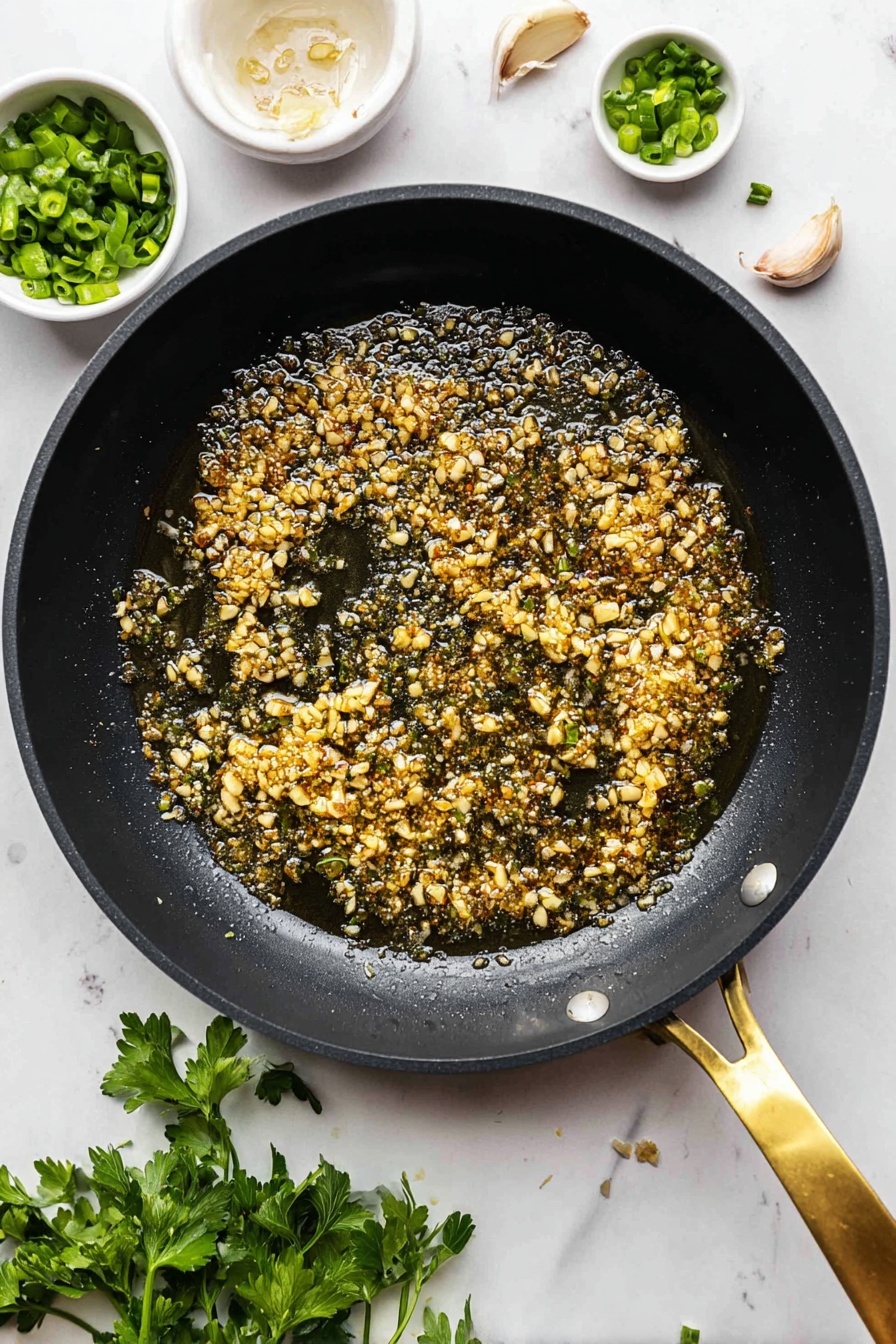 A round dark metal plate filled with many pieces of cooked beef chunks scattered unevenly, each piece covered in small bits of chopped garlic and green herbs, with some thin green onion slices on top. The beef is browned and juicy, with a glossy shine from the sauce. A silver fork rests on the left side of the plate, and fresh green parsley leaves are placed on the white marbled surface nearby. Part of a small wooden bowl with more green onions is visible at the top right corner. A light textured cloth is partially visible at the bottom left. photo taken with an iphone --ar 2:3 --v 7