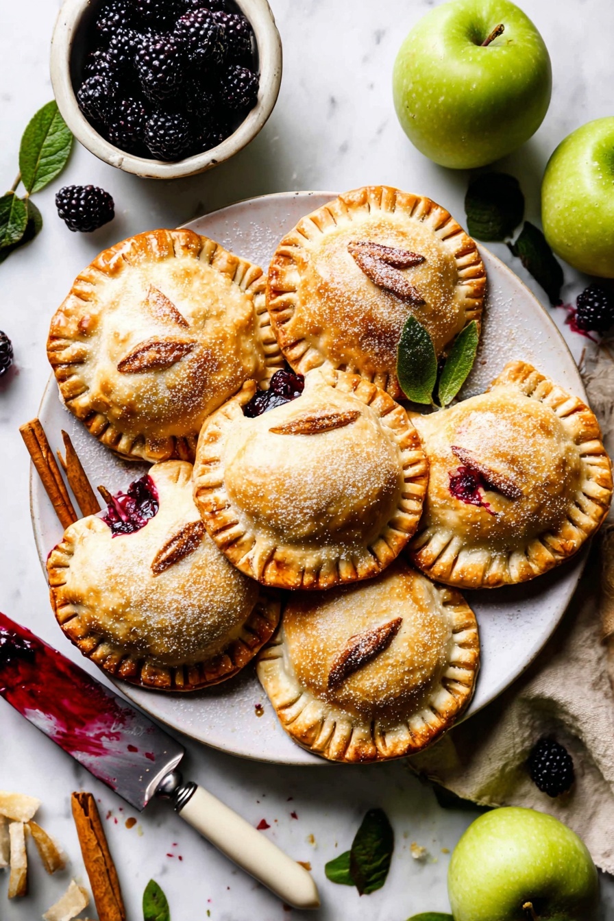 Five apple-shaped hand pies with golden brown crusts sit closely together on a white plate. Each pie has small decorative dough leaves attached, and some have red berry filling leaking from small vent holes on top. The pies are dusted lightly with sugar, adding a soft texture to their surface. Around the plate on a white marbled surface, there are fresh blackberries in a white bowl, three green apples with leaves, cinnamon sticks, scattered blackberries, and some green apple peel curls. A knife with a white handle lies nearby, with some berry filling smeared on the blade. The scene is bright and fresh, showing a cozy and homemade feel. photo taken with an iphone --ar 2:3 --v 7
