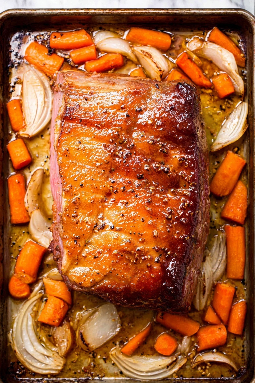 A rectangular pan holds a large, golden-brown roasted meat piece with a shiny, slightly crispy surface showing glistening oil and dark brown char spots. Surrounding the meat are evenly spread chunks of bright orange carrots and translucent, soft-looking onion wedges with a light brown sear. The pan bottom shows caramelized juices mixed with black pepper flecks. The edges of the pan are visible with some browned bits stuck to the surface. The background is a white marbled texture photo taken with an iphone --ar 2:3 --v 7
