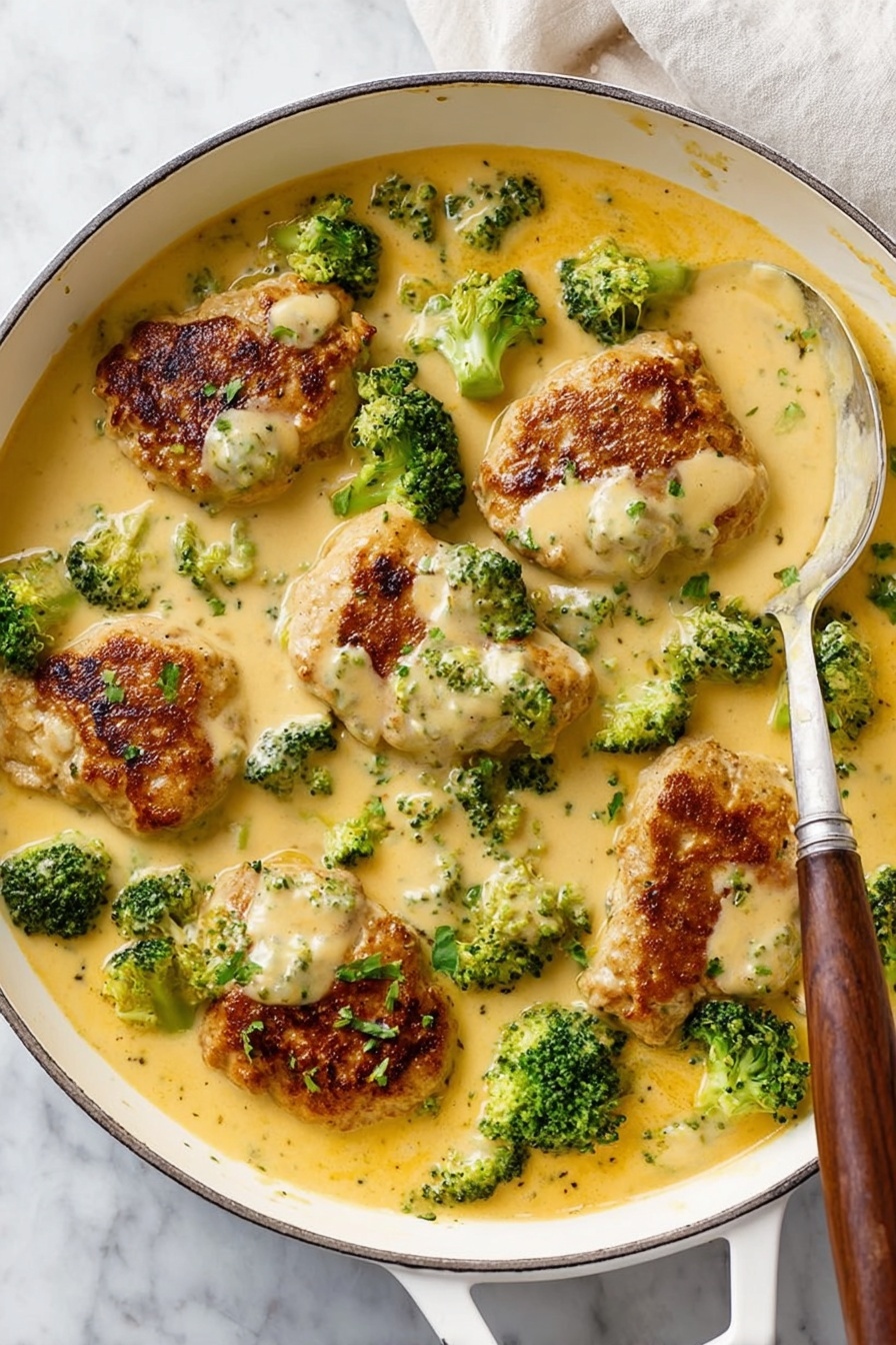 A white round pan filled with a creamy light yellow sauce that covers five browned pieces of cooked meat placed unevenly inside, with small bright green broccoli florets scattered throughout the sauce, adding color contrast. A silver spoon with a brown wooden handle rests on the right side, partly submerged in the sauce. The surface under the pan is a white marbled texture and a soft white cloth is seen behind the pan slightly. The sauce looks thick and smooth, coating the browned pieces and broccoli well. photo taken with an iphone --ar 2:3 --v 7