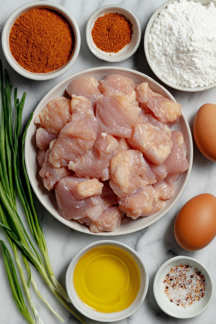 Flat lay of boneless skinless chicken pieces, one large brown egg with a clean shell, a small mound of white cornstarch, a few sprigs of fresh green onion, a small white bowl of bright red sweet chili sauce, a small white bowl of golden vegetable oil, a small white bowl of smoked paprika powder, a small white bowl of coarse garlic salt, all arranged in perfect symmetry on a clean white ceramic plates and bowls, placed on a clean white marble surface, soft natural light, photo taken with an iPhone, professional food photography style, fresh ingredients, white ceramic bowls, no bottles, no duplicates, no utensils, no packaging --ar 2:3 --v 7 --p m7354615311229779997