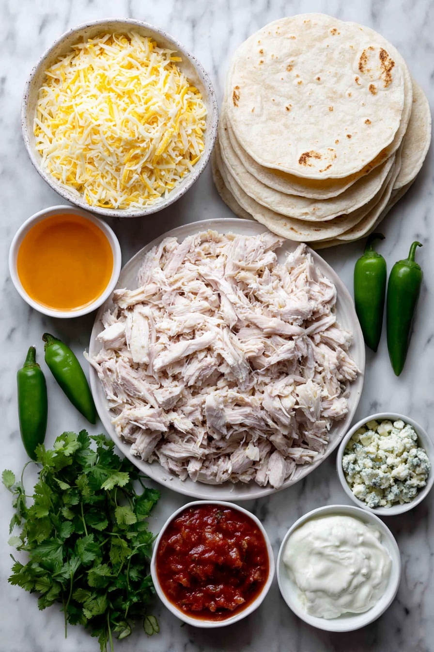 Flat lay of shredded cooked chicken, plump diced fresh tomatoes, a small white bowl filled with smooth tomato sauce, a few fresh green chiles, a small white bowl of bright orange buffalo sauce, a soft block of cream cheese, a neat stack of small whole corn tortillas, a mound of shredded Monterey Jack cheese, a small white bowl of creamy blue cheese dressing, a handful of fresh green onions with white bulbs, a small bunch of fresh cilantro sprigs, and a small white bowl of crumbly blue cheese, all arranged in perfect symmetry on a simple white ceramic plate and bowls, placed on a clean white marble surface, soft natural light, photo taken with an iPhone, professional food photography style, fresh ingredients, white ceramic bowls, no bottles, no duplicates, no utensils, no packaging --ar 2:3 --v 7 --p m7354615311229779997