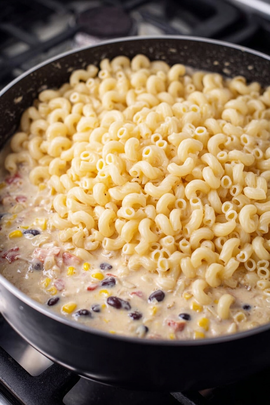 This image shows a large black skillet filled with a cheesy pasta bake. The dish has three visible layers: a creamy pasta base mixed with black beans, corn, and small bits of tomato, a thick topping of melted golden-yellow cheese sprinkled with finely chopped green herbs, and several slices of fresh green jalapeño on top. A spoon is lifting a large, gooey scoop from the skillet, stretching melted cheese strings between the scoop and the dish. The background is a white marbled texture, and a dark cloth is partially visible near the skillet. Photo taken with an iphone --ar 2:3 --v 7
