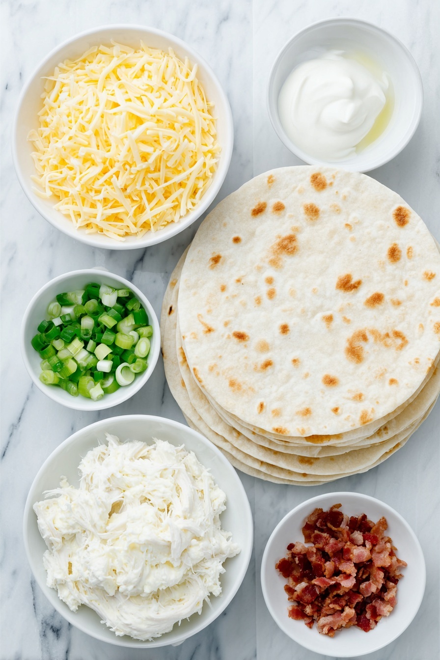 Flat lay of shredded rotisserie chicken, softened cream cheese scoop, shredded sharp cheddar cheese pile, sour cream dollop, small white bowl of ranch seasoning powder, chopped crispy cooked bacon heap, sliced green onions scattered, lightly brushed corn tortillas stacked, small white bowl of vegetable oil, all arranged with perfect symmetry in simple white ceramic bowls and plates, placed on a clean white marble surface, soft natural light, photo taken with an iPhone, professional food photography style, fresh ingredients, white ceramic bowls, no bottles, no duplicates, no utensils, no packaging --ar 2:3 --v 7 --p m7354615311229779997