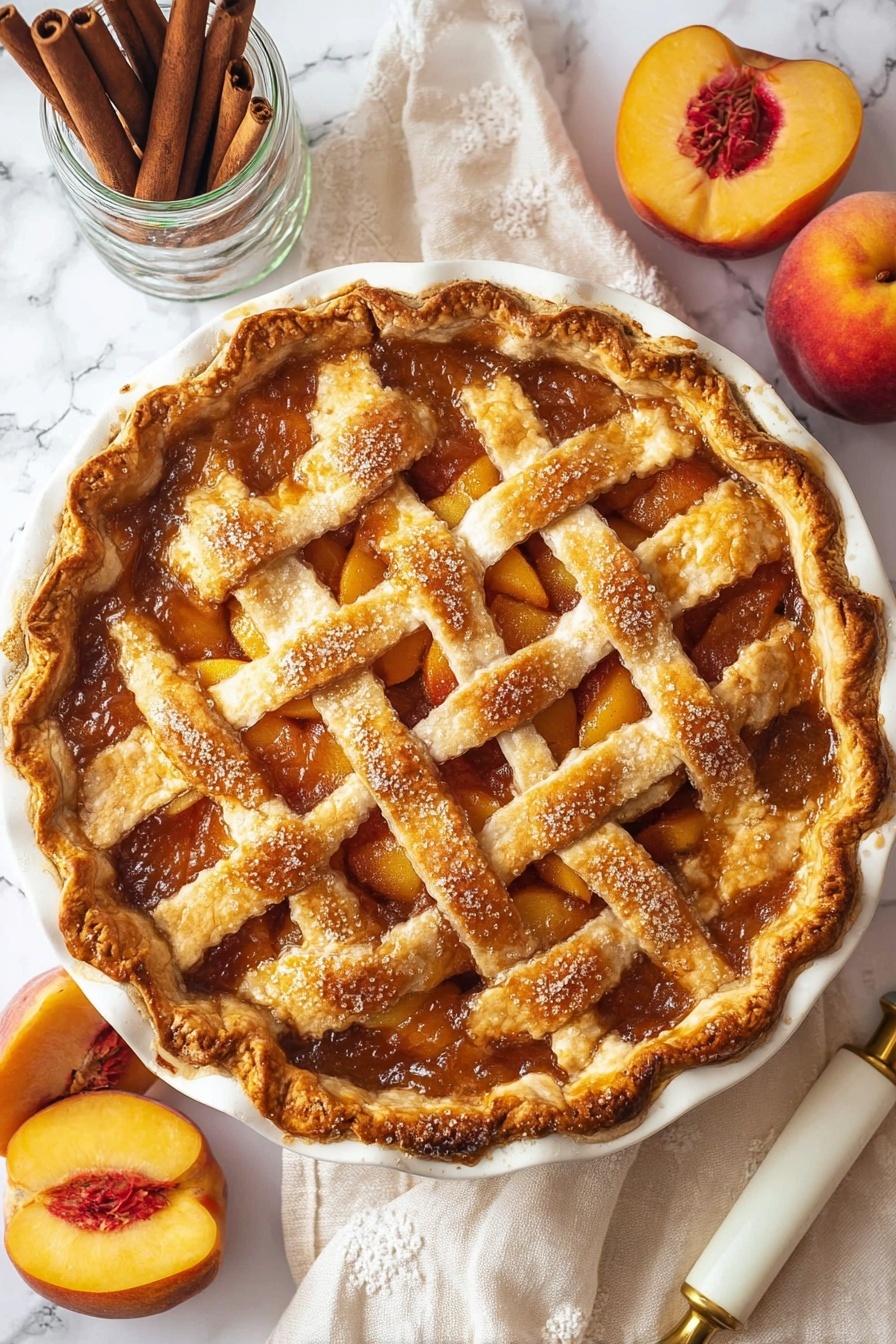 A golden brown peach pie with a lattice crust sits in a white pie dish. The crust is slightly shiny and sprinkled with coarse sugar, showing a textured weave of nine strips on top. The peach filling is warm orange-brown, bubbling through the lattice gaps and edges. Around the pie, there are whole peaches and peach slices with red-yellow skin and juicy yellow flesh. On one side, a clear glass jar holds several cinnamon sticks standing upright, and a white knife with a gold handle rests on a cream cloth under the pie. Everything is placed on a white marbled surface. photo taken with an iphone --ar 2:3 --v 7