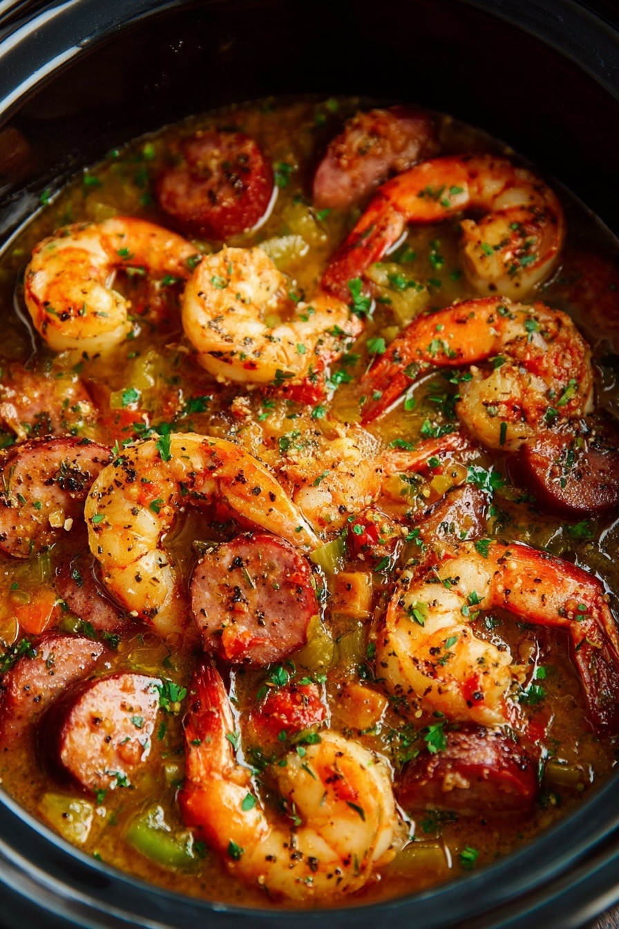 This image shows a black pot filled with a rich stew. The dish has large orange shrimp with curled tails spread evenly across the top layer, mixed with thick slices of brown sausage. Small pieces of green peppers and finely chopped herbs add scattered pops of color throughout. The stew broth is a shiny, golden-brown liquid with visible spices and bits of tomatoes. The shrimp and sausage pieces are partially submerged but mostly visible in the sauce, giving a textured, hearty look. photo taken with an iphone --ar 2:3 --v 7