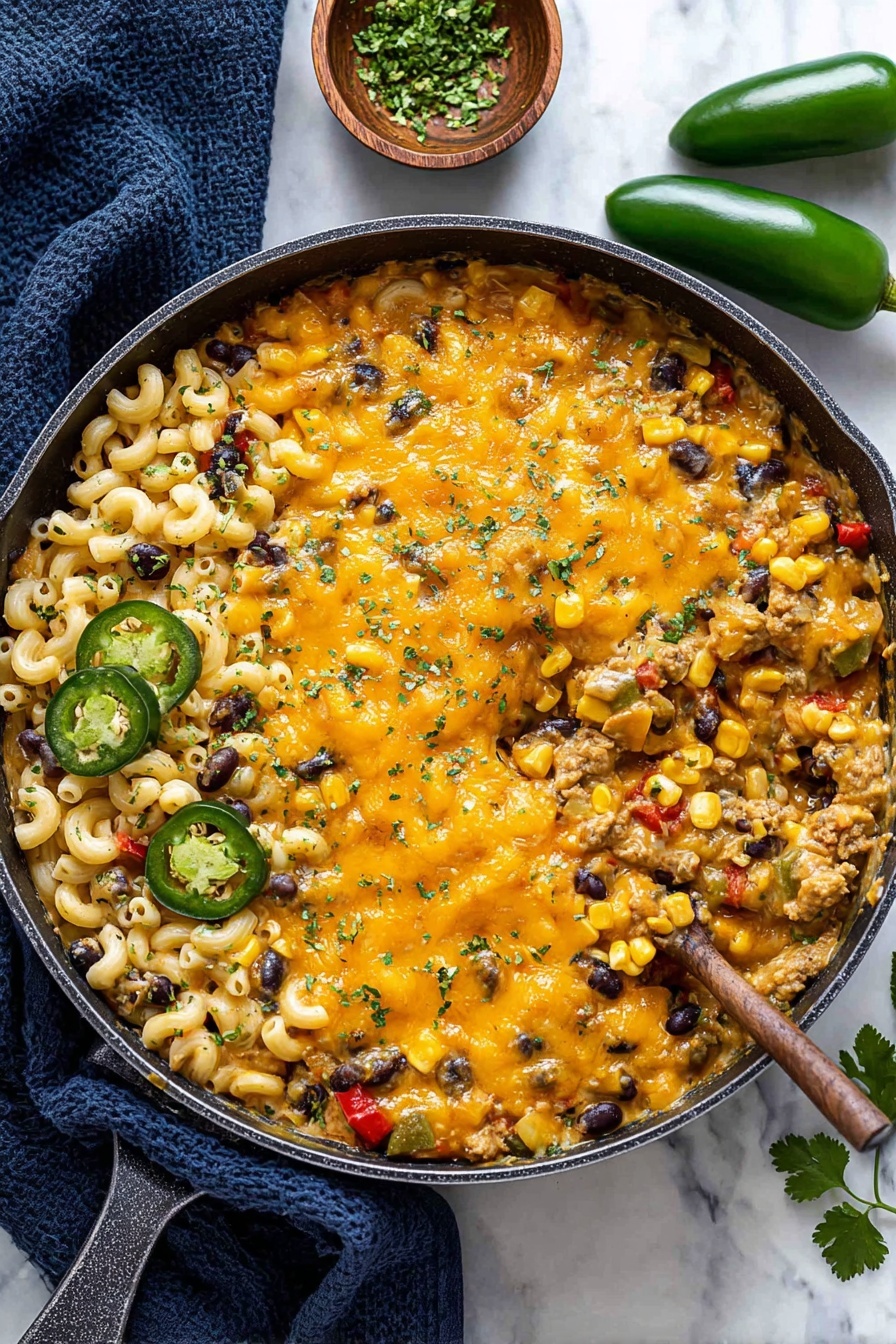 A round black pan filled with a layered casserole showing a top golden orange melted cheese layer sprinkled with chopped green herbs and a few green jalapeño slices on the left side; underneath, a creamy mix of small elbow pasta pieces, black beans, corn kernels, red bell pepper bits, and a light brown ground meat blend can be seen as a dark wooden spoon scoops into the dish; the pan sits on a white marbled surface with three whole jalapeños on the top right and a small brown bowl with green herbs on the top left, and a navy blue cloth peeks from the bottom left corner; photo taken with an iphone --ar 2:3 --v 7