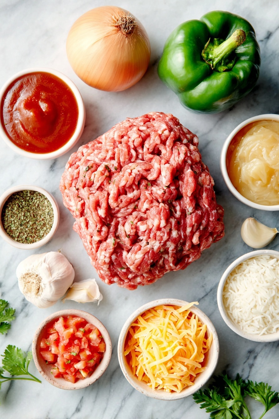 Flat lay of fresh raw ground beef in a compact mound, raw ground sausage formed neatly, a whole small yellow onion with smooth skin, two whole bell peppers—one red and one green—whole and glossy, three whole garlic bulbs with a few cloves separated, a small white ceramic bowl filled with bright red tomato paste, a small white ceramic bowl containing mixed dried herbs (basil, oregano, chili powder, onion powder) in finely ground form, a small white ceramic bowl with vibrant diced fresh tomatoes, a small white ceramic bowl holding golden brown sugar crystals, a small white ceramic bowl with glossy Dijon mustard, a small white ceramic bowl filled with rich marinara sauce, a small white ceramic bowl with clear golden chicken broth, a white ceramic bowl containing fluffy cooked white long grain rice, a small neat pile of shredded bright orange cheddar cheese, a small neat pile of shredded creamy white Monterey Jack cheese, and a few fresh green parsley sprigs arranged symmetrically—all placed on a clean white marble surface, soft natural light, photo taken with an iPhone, professional food photography style, fresh ingredients, white ceramic bowls, no bottles, no duplicates, no utensils, no packaging --ar 2:3 --v 7 --p m7354615311229779997