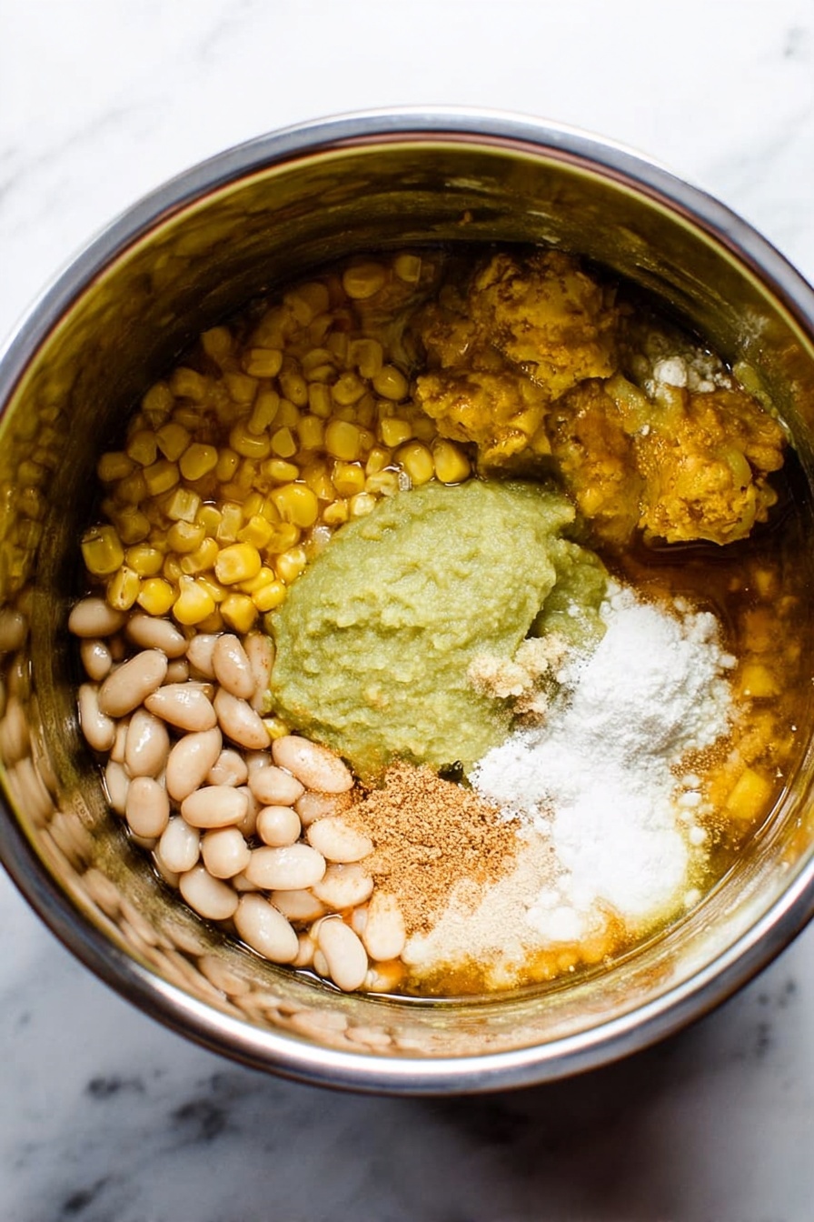 A white bowl filled with several layers starting with a base of shredded cooked chicken mixed with white beans and corn pieces, topped with chunks of light green avocado, bright green jalapeño slices, and sprigs of fresh green cilantro. There are also small white beans and a thick creamy sauce covering parts of the chicken. A silver spoon is placed inside the bowl to the left side, and a lime wedge sits on the edge of the bowl. The bowl is placed on a white marbled surface, with more lime wedges and cilantro leaves scattered around. Photo taken with an iphone --ar 2:3 --v 7