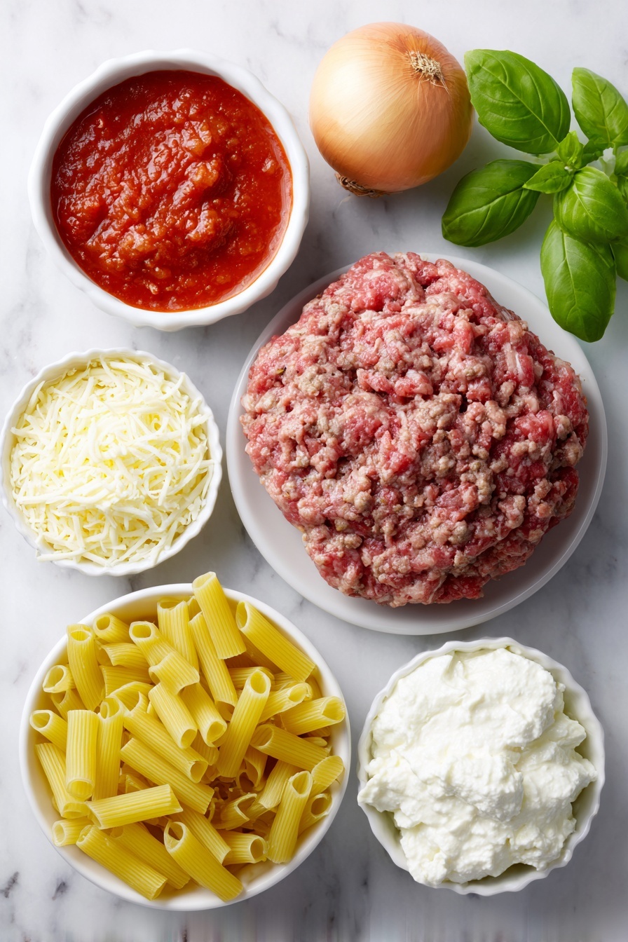 Flat lay of one cup of uncooked ziti pasta, a small mound of fresh ground beef, one whole uncracked brown onion, two peeled garlic cloves, a small white ceramic bowl of salt, a small white ceramic bowl of black peppercorns, a small white ceramic bowl filled with vibrant red marinara sauce, a small white ceramic bowl with fresh white ricotta cheese, ten bright green fresh basil leaves arranged neatly, a small pile of shredded mozzarella cheese, and a small heap of grated parmesan cheese, all placed on a clean white marble surface, soft natural light, photo taken with an iPhone, professional food photography style, fresh ingredients, white ceramic bowls, no bottles, no duplicates, no utensils, no packaging --ar 2:3 --v 7 --p m7354615311229779997