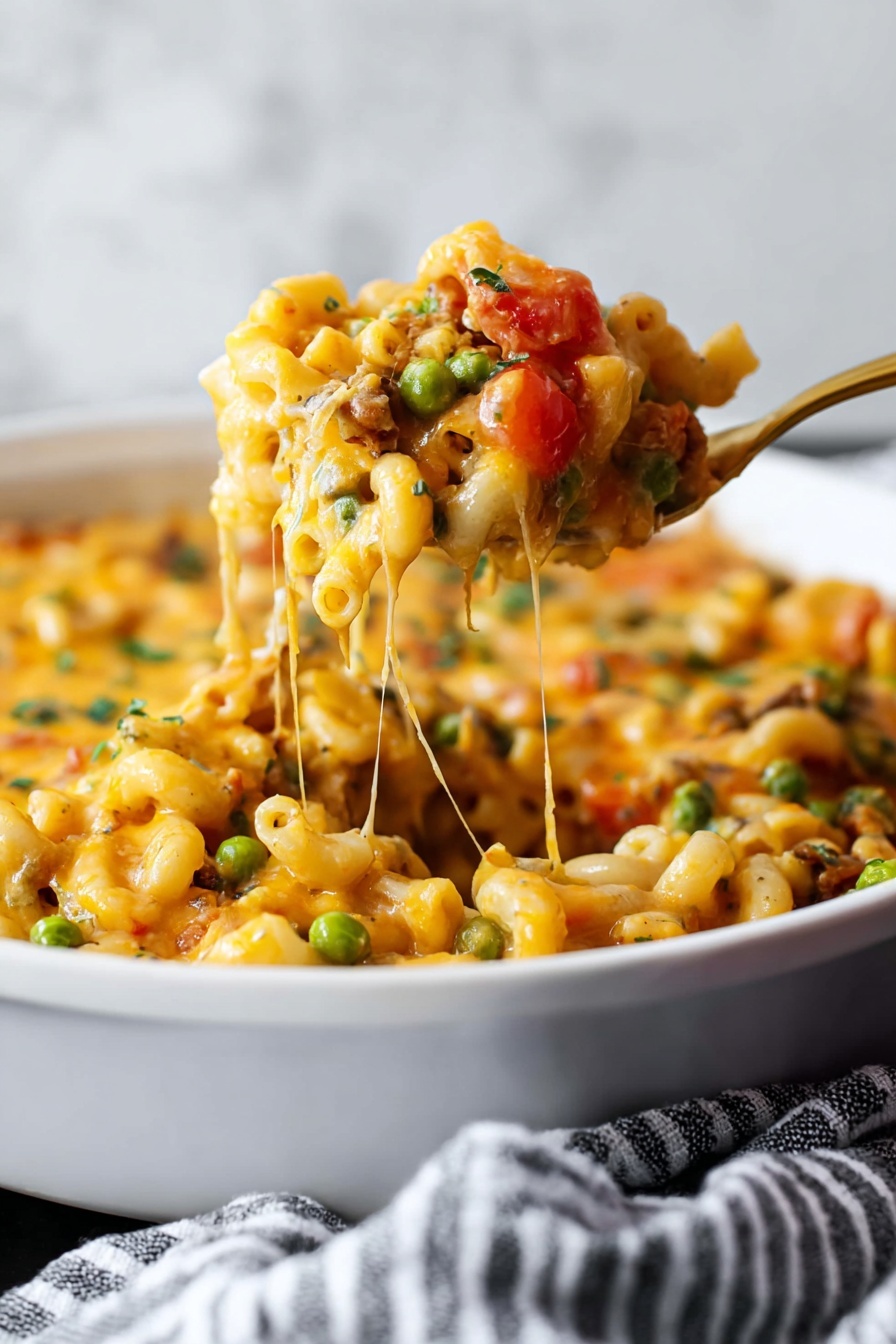 The image shows a close-up of a large pan with four main layers of ingredients before cooking. On the upper left is a layer of cooked ground beef mixed with small, translucent white onion pieces, showing a brown and pale texture. On the lower left is a bright red layer of diced tomatoes with a juicy texture. On the lower right, there is a dry, pale yellow layer of elbow macaroni stacked closely. In the center of the pan, touching the tomatoes, pasta, and beef, sits a square chunk of creamy pale-yellow butter. The pan's inside is metallic with a slightly shiny finish, and the background surface is a white marbled texture. Photo taken with an iphone --ar 2:3 --v 7