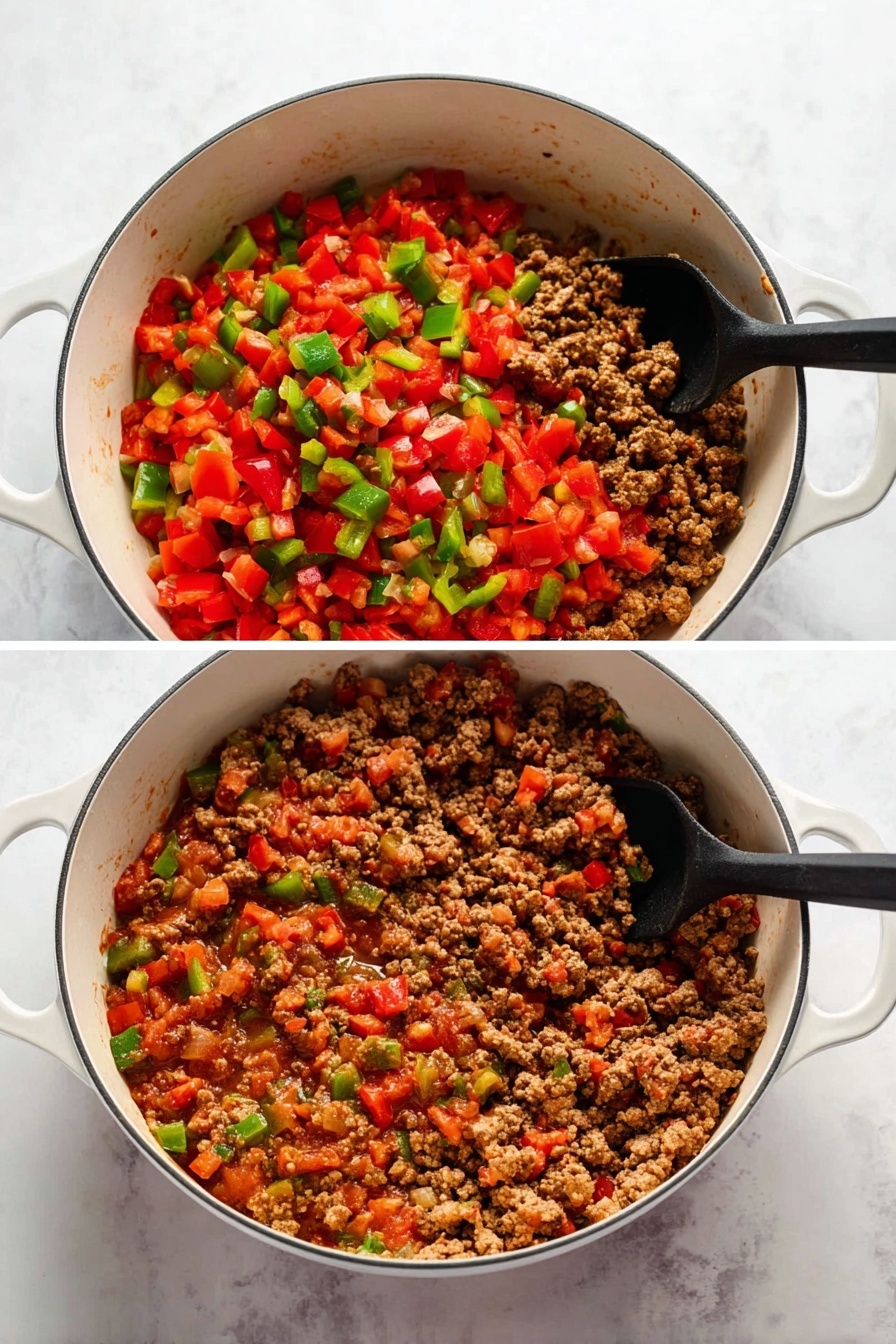 The image shows a bowl of cheesy rice and ground meat dish with several layers. The bottom layer is white rice mixed with small pieces of red and green bell peppers, covered by a thick mixture of cooked ground meat and diced vegetables in a rich reddish-orange sauce. On top, there is a generous layer of melted yellow and white cheese, sprinkled with small green herbs. A silver spoon rests on the right side inside the white bowl, which is placed on a white marbled surface with a white cloth and green herbs in the background. Photo taken with an iphone --ar 2:3 --v 7