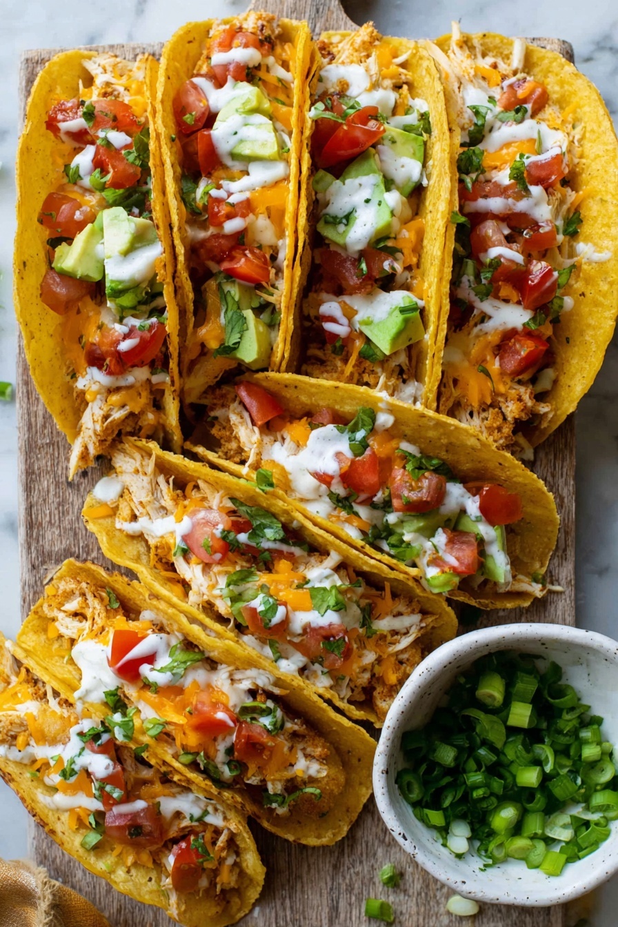 There are five tacos arranged in two rows on a white marbled surface, each taco folded with a golden yellow corn tortilla holding four main layers: the bottom layer is white shredded fish, followed by melted orange cheddar cheese, topped with small bright red tomato cubes and light green avocado pieces, then drizzled with white sauce and sprinkled with green herbs. On the right side, there is a small white bowl filled with chopped green onions. The wooden board underneath the tacos adds a warm, natural touch. photo taken with an iphone --ar 2:3 --v 7