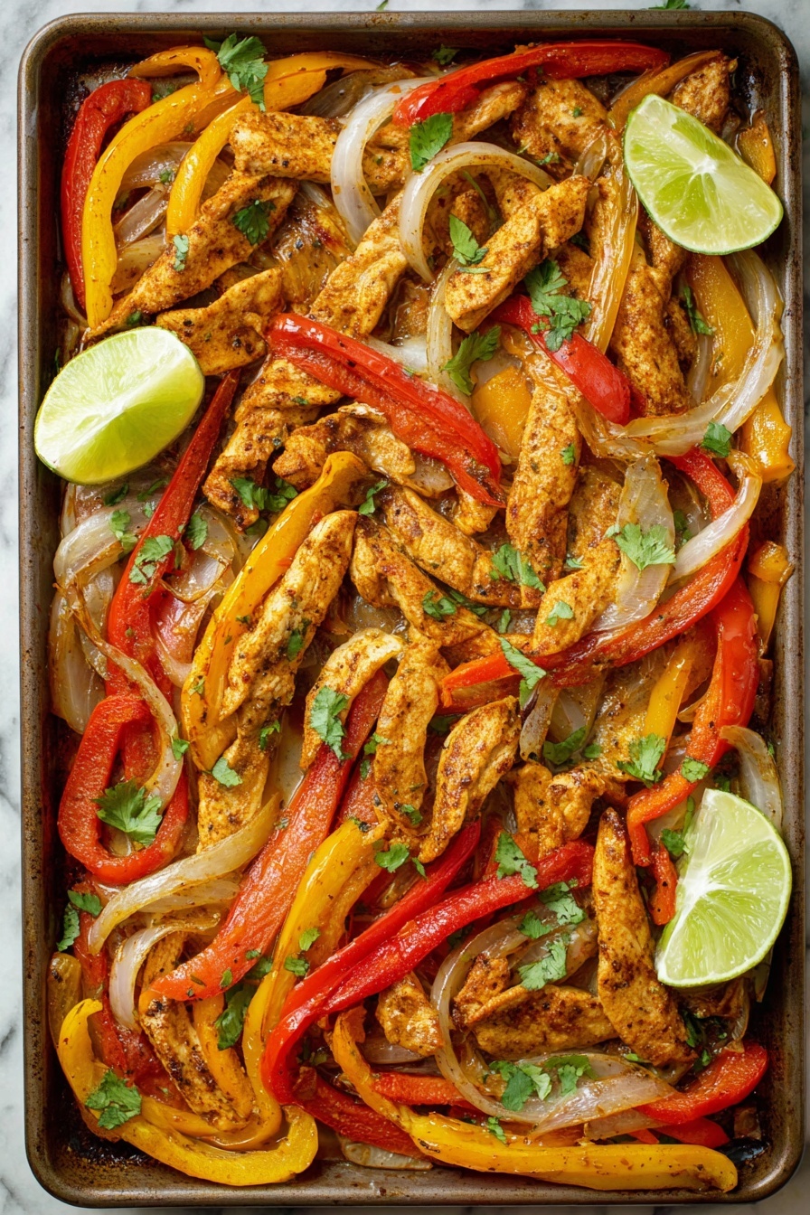 A tray filled with a mix of cooked chicken strips and long slices of red, yellow, and orange bell peppers, along with soft, translucent onion slices, all lightly charred and seasoned with spices giving a warm brown tint to the chicken and some pepper edges; lime wedges and small green cilantro leaves are placed on top and around the edges for garnish, all resting on a white marbled surface. photo taken with an iphone --ar 2:3 --v 7