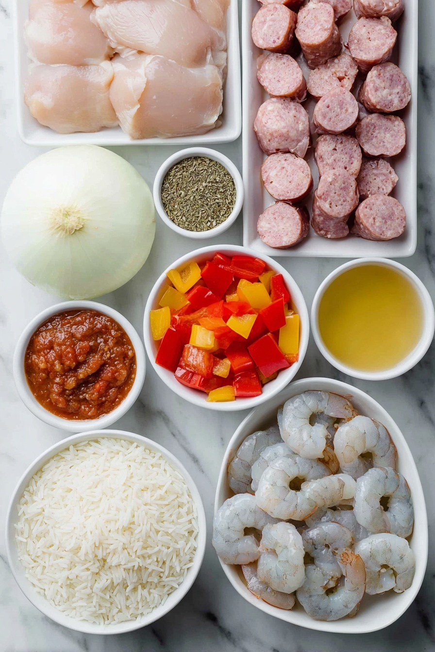 Flat lay of cubed skinless boneless chicken breasts, sliced andouille sausage links, a large peeled onion roughly chopped, two bright celery stalks thinly sliced, one finely chopped red bell pepper, a small white bowl of diced fresh tomatoes, a small white bowl of rich chicken broth, a small white bowl of thick tomato paste, a small white bowl with dried thyme leaves, a small white bowl with dried oregano, a small white bowl of Cajun seasoning powder, a small white bowl of cayenne pepper, a small white bowl of uncooked long-grain rice, raw whole shrimp with shells on arranged neatly—all ingredients fresh and natural, placed in simple white ceramic bowls or plates, no duplicates, no utensils, no packaging, perfect symmetry, balanced proportions, placed on a clean white marble surface, soft natural light, photo taken with an iPhone, professional food photography style, fresh ingredients, white ceramic bowls, no bottles, no duplicates, no utensils, no packaging --ar 2:3 --v 7 --p m7354615311229779997