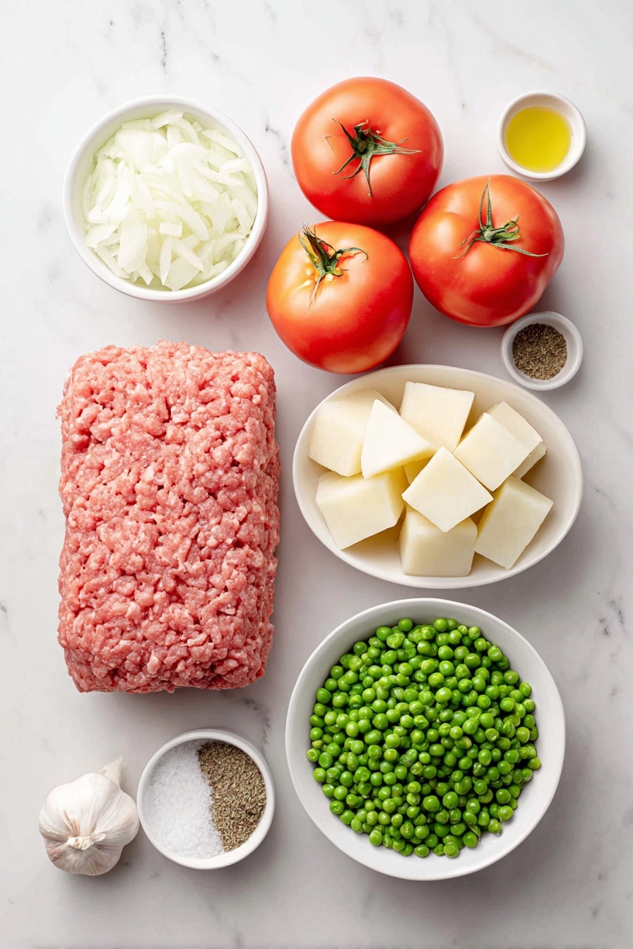 Flat lay of four halved fresh Roma tomatoes, half a medium diced white onion, two whole cloves of garlic, one green stemmed jalapeño pepper, a small white bowl of coarse kosher salt, a small white bowl of dried Mexican oregano, a small white bowl of ground cumin, a small white bowl of clear water, a small white bowl of golden extra-virgin olive oil, one raw pound of lean ground beef, one medium russet potato diced into cubes, one large diced fresh carrot, a small pile of frozen green peas on the side arranged in perfect symmetry, all placed on simple white ceramic bowls or plates, placed on a clean white marble surface, soft natural light, photo taken with an iPhone, professional food photography style, fresh ingredients, white ceramic bowls, no bottles, no duplicates, no utensils, no packaging --ar 2:3 --v 7 --p m7354615311229779997