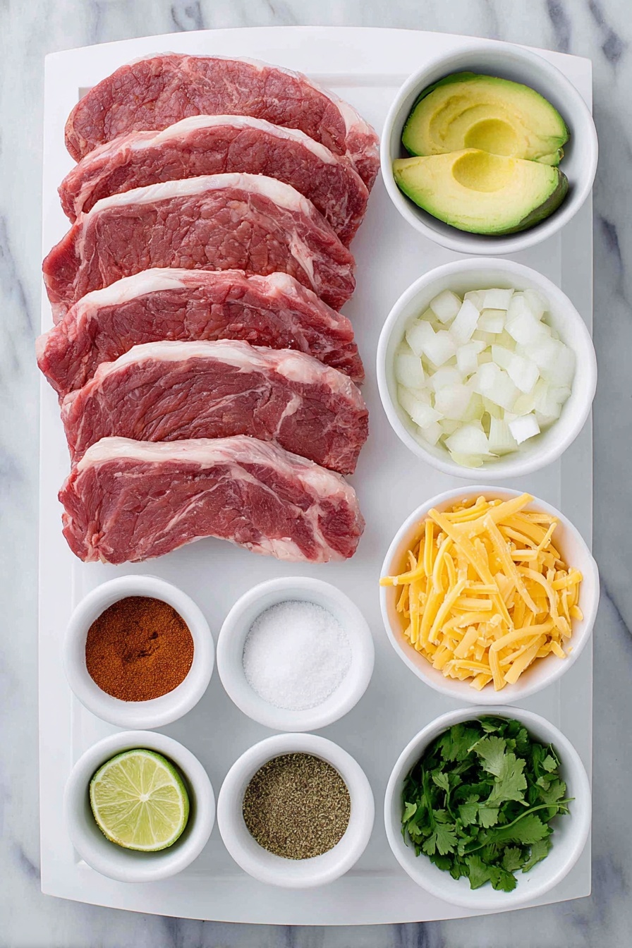 Flat lay of a small white ceramic bowl of kosher salt, a small white ceramic bowl of garlic powder, a small white ceramic bowl of onion powder, a small white ceramic bowl of smoked paprika, a small white ceramic bowl of ground cumin, a small white ceramic bowl of freshly ground black pepper, a quarter pound of thinly sliced ribeye steak, several thick-cut bacon strips, a raw Mexican chorizo sausage, one diced red bell pepper, half a diced white onion, a small white ceramic bowl filled with shredded Monterey Jack cheese, a few bright green cilantro sprigs, a halved lime, and a few sliced avocado pieces, all arranged symmetrically and naturally placed on a clean white marble surface, soft natural light, photo taken with an iPhone, professional food photography style, fresh ingredients, white ceramic bowls, no bottles, no duplicates, no utensils, no packaging --ar 2:3 --v 7 --p m7354615311229779997