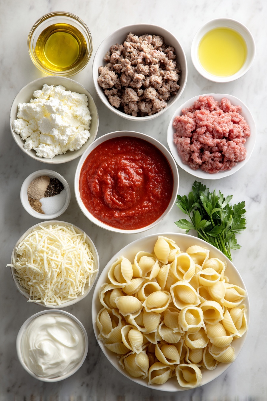 Flat lay of a pile of uncooked jumbo pasta shells, a small mound of raw lean ground beef, a small mound of raw mild Italian sausage, a small white bowl of golden olive oil, a small heap of diced onion, a small heap of minced garlic, a simple white bowl filled with rich red marinara sauce, a small white bowl holding Italian seasoning powder, a small white bowl with fine sea salt crystals, a small white bowl with ground black pepper, a small white bowl of creamy softened cream cheese, a small white bowl of small-curd cottage cheese, a small white bowl of thick sour cream, a small white bowl overflowing with shredded mozzarella cheese, a small white bowl with shredded parmesan cheese, a few fresh bright green parsley sprigs arranged neatly — all ingredients fresh and natural, arranged in perfect symmetry and realistic proportions on a clean white marble surface, soft natural light, photo taken with an iPhone, professional food photography style, fresh ingredients, white ceramic bowls, no bottles, no duplicates, no utensils, no packaging --ar 2:3 --v 7 --p m7354615311229779997
